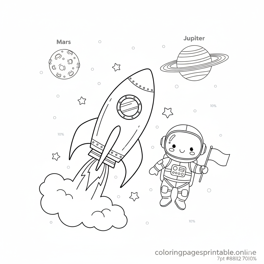 Free printable space-themed coloring page for kids 7-12 - rocket, planets, astronaut | coloringpagesprintable.online